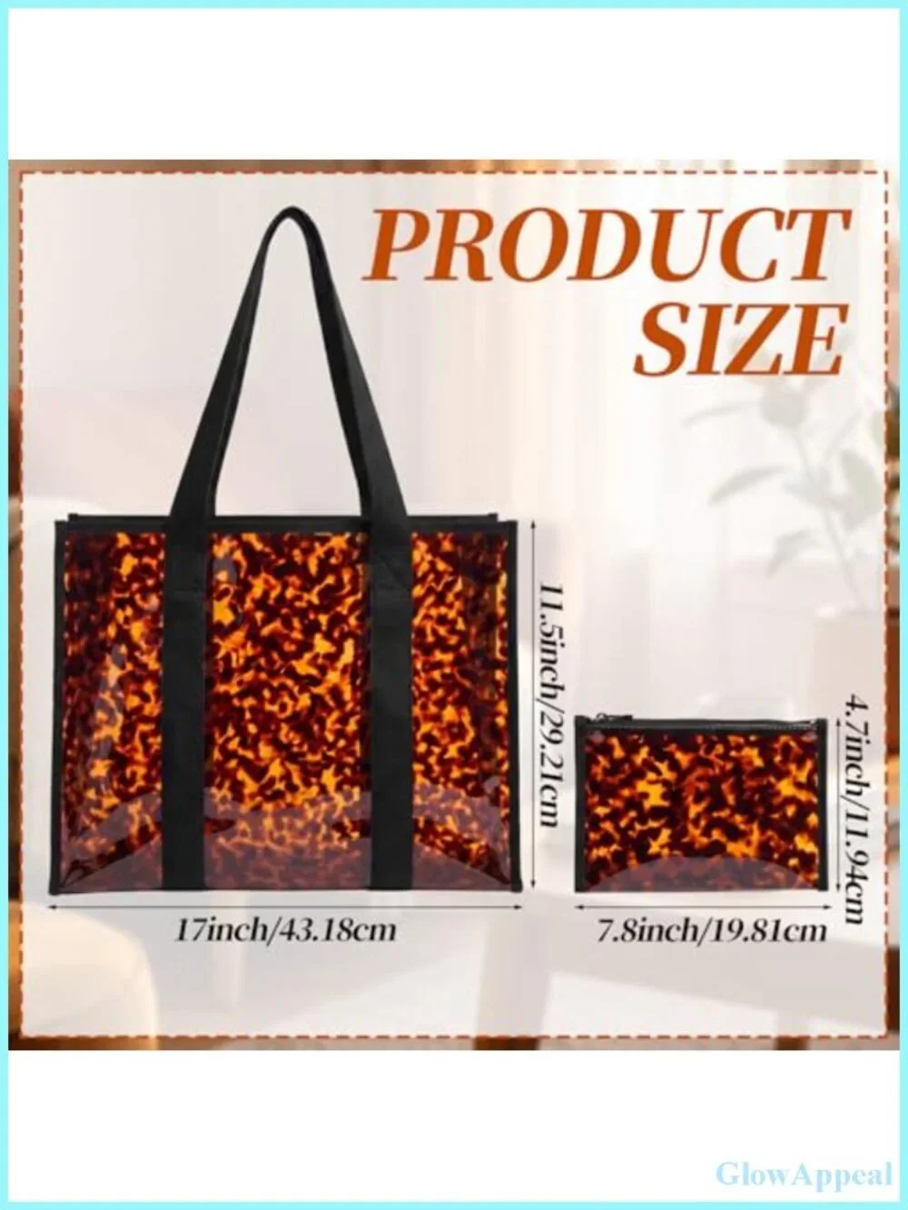 Tortoise PVC Tote Bag with Detachable Zippered Pouch, Waterproof Large Hobo